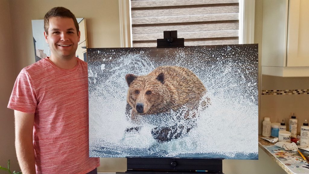 Original wildlife acrylic painting "Grizzly Bear Running in the Water" with the Canadian artist Brian Sloan